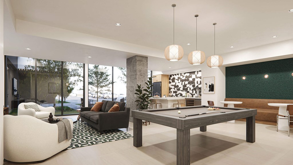 Apartments for Rent in Midtown Sacramento, CA - Mod at Midtown - Clubhouse with Billiards Table, Seating Area, Kitchen, and High Ceilings at THE MOD AT MIDTOWN Apartments, SACRAMENTO,  California