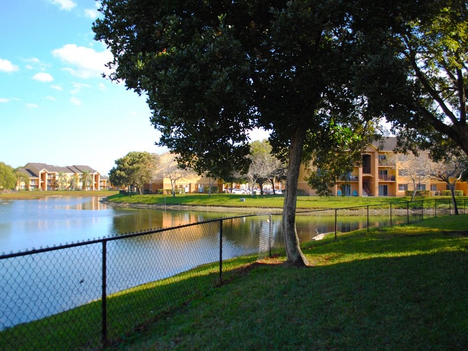 Indian Trace community exterior and lake