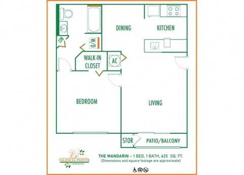 1 bedroom 1 bath 2D floor plan at Valencia Pointe, Florida