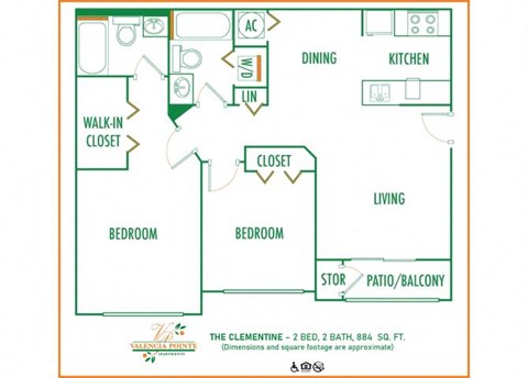 2 bedroom 2 bath 2D floor plan at Valencia Pointe, Florida