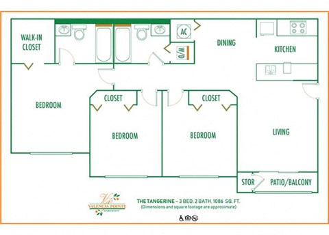 3 bedroom 2 bath 2D floor plan at Valencia Pointe, Florida