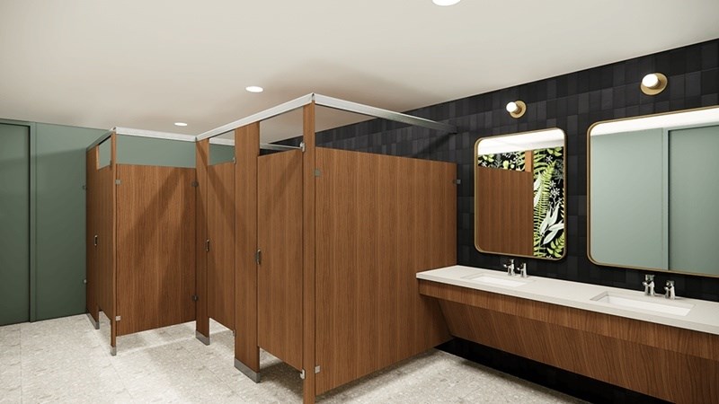 A bathroom with wooden stalls and sinks. at 38° NORTH, California, 95404