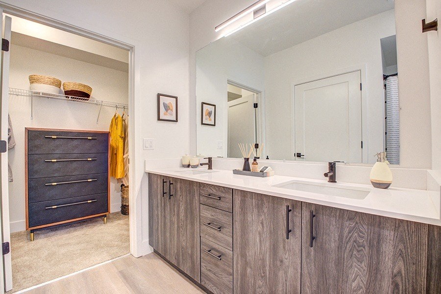 a bathroom with a large mirror and double sinks at 38° NORTH, Santa Rosa California