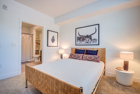 a bedroom with a large bed and a bathroom in the background at 38° NORTH, Santa Rosa