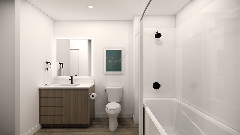 A bathroom with a toilet, sink, and bathtub. at 38° NORTH, Santa Rosa, 95404