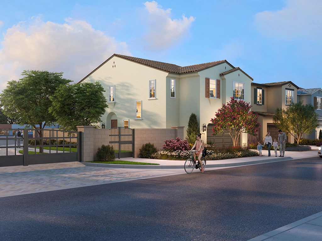 Rendering of house with person on bicycle at Haven Park, San Bernardino, CA, 92411