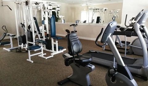A gym with a variety of equipment including treadmills, weights, and exercise machines.