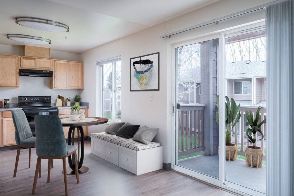 a living room and kitchen with a sliding glass door at Fort Vancouver Terrace, Vancouver, WA, 98661
