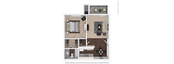 One-bedroom apartment floor plan showing bedroom, living room, kitchen, bathroom, and balcony layout.