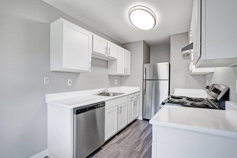 A modern kitchen with white cabinets and stainless steel appliances.