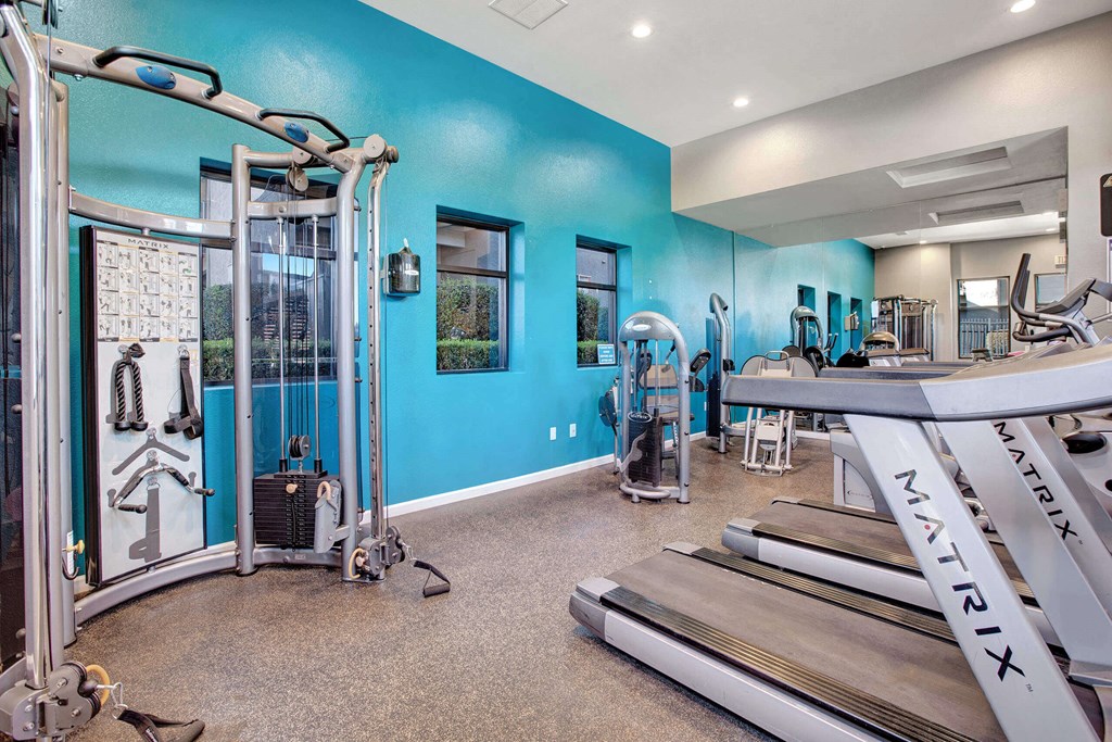 A gym with blue walls and a variety of equipment at The Henley Apartments, Suisun City, 94585