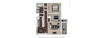 Two-bedroom apartment floor plan showing bedroom, living room, kitchen, bathroom, and balcony layout.