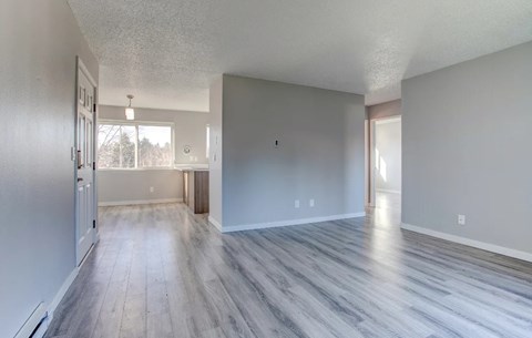 A spacious room with wood flooring and white walls.