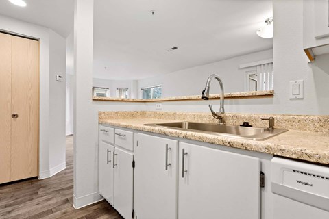A kitchen with a sink and cabinets.