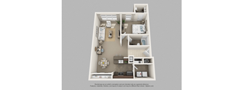 A 3D floor plan of a small apartment with a kitchen, living room, and bathroom at The Villages on Millenia Apartments, Orlando