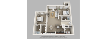 A 3D floor plan of a house with a kitchen, living room, and two bedrooms at The Villages on Millenia Apartments, Orlando, FL, 32839