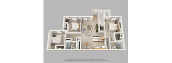 A 3D floor plan of a multi-bedroom apartment with a living room, kitchen, and bathrooms at The Villages on Millenia Apartments, FL, 32839