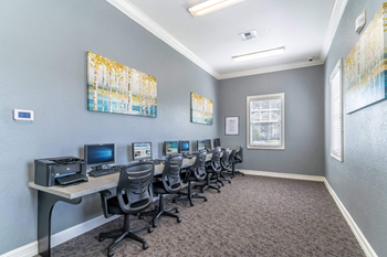 A room with grey walls and a carpeted floor has a row of chairs and desks with computers on them at The Villages on Millenia Apartments, Orlando, FL, 32839