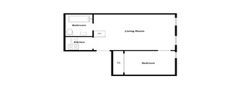 A floor plan of a living room, kitchen, and bedroom.