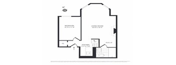 A black and white image of a floor plan for a home with a bedroom, living room, and kitchen.