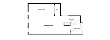 A floor plan of a living room with a bedroom, kitchen, and bathroom.