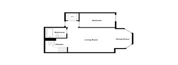 A floor plan of a living space with a kitchen, dining room, and bedroom.