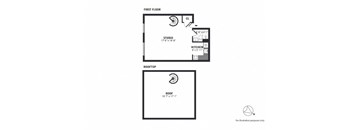 A drawing of a floor plan for a studio apartment with a kitchen.