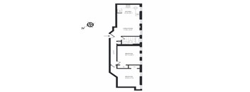 A floor plan of a house with a kitchen, living room, and two bedrooms.