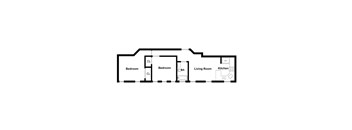 A floor plan of a house with two bedrooms, a living room, and a kitchen.