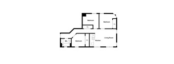 A floor plan of a house with a living room, kitchen, and four bedrooms.
