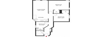 A black and white image of a floor plan for a home with a living room, kitchen, and three bedrooms.