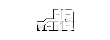 A floor plan of a house with a living room, two bedrooms, a kitchen, a bathroom, and a closet.