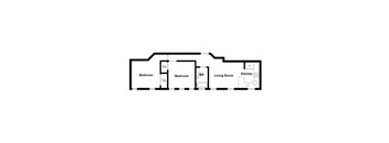 A floor plan of a house with two bedrooms, a living room, and a kitchen.