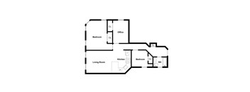 A floor plan of a house with a living room, kitchen, office, and two bedrooms.