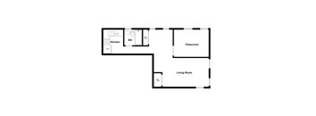 A floor plan of a living space with a kitchen, classroom, and living room.