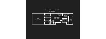 A black and white image of a floor plan for a 1414 square foot unit at 221 2nd Avenue.