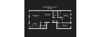 A black and white image of a floor plan for a 1187 square foot unit at 221 2nd Avenue.