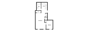 A floor plan of a house with a living room, bedroom, kitchen, and two closets.