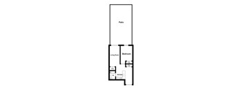 A floor plan of a living space with a kitchen and two bedrooms.