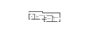 A floor plan of a house with a living room, kitchen, and two bedrooms.