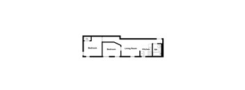 A floor plan of a living space with a kitchen, two bedrooms, and a living room.