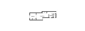 A floor plan of a living space with a bedroom, living room, and kitchen.
