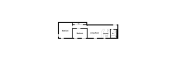 A floor plan of a living space with two bedrooms, a living room, a kitchen, and a bathroom.