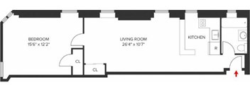 A floor plan of a room showing a bedroom, living room, kitchen, and a closet.