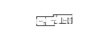 A floor plan of a living room, kitchen and bedroom.