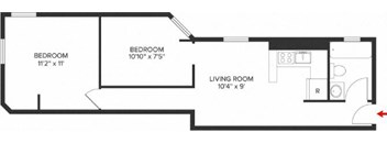 A drawing of a floor plan for a home with three bedrooms and a living room.