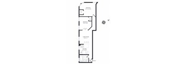 A floor plan of a house with a living room, two bedrooms, and a kitchen.