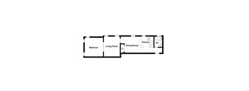 A floor plan of a house with a bedroom, living room, dining room, and kitchen.