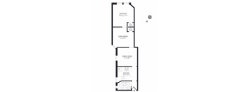 A black and white image of a floor plan for a home with a bedroom, living room, dining room, and kitchen.