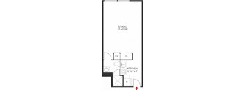 A floor plan of a studio apartment with a kitchen and a studio space.